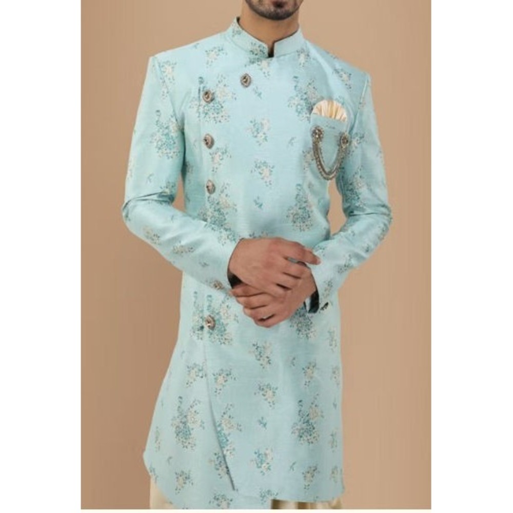 Manyavar Mens Art Silk Blue Floral Indo Western Wear Angrakha Jacquard Jacket XL